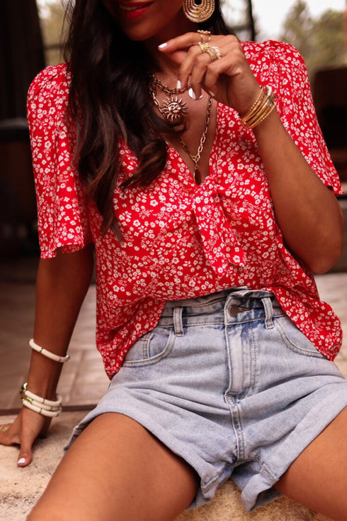 Bohemian Floral Printed V Neck Half Sleeve Knotted Blouse Top