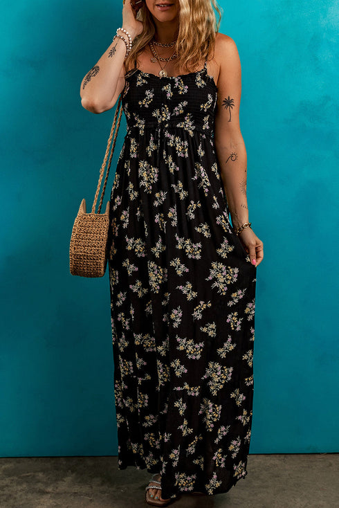 Bohemian Floral Smocked Bodice A Line Maxi Dress