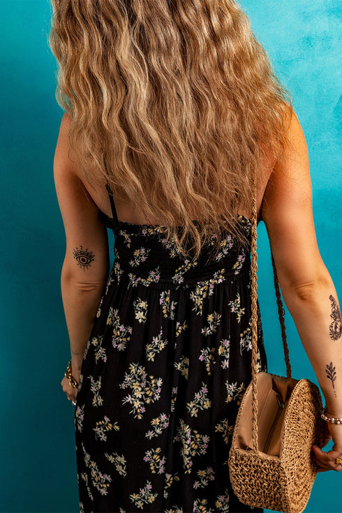 Bohemian Floral Smocked Bodice A Line Maxi Dress