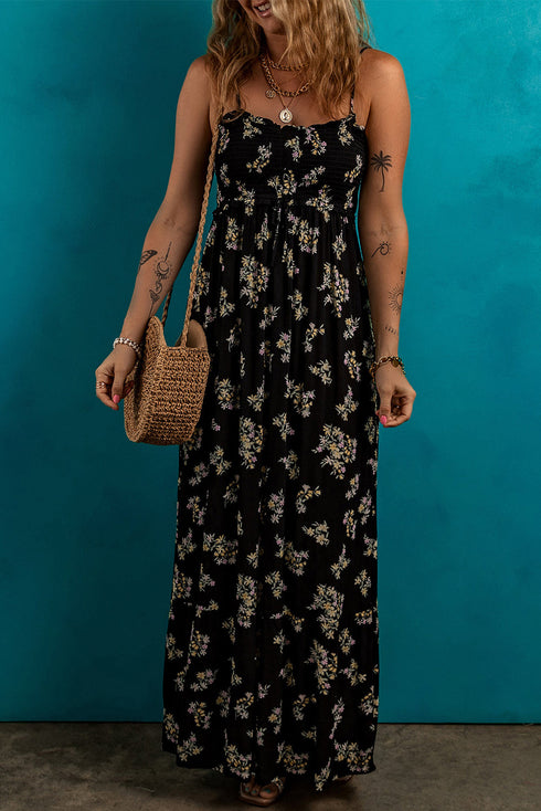Bohemian Floral Smocked Bodice A Line Maxi Dress
