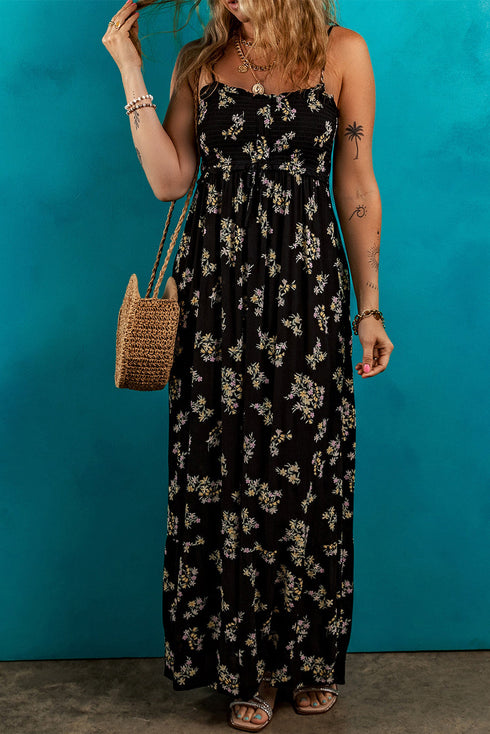 Bohemian Floral Smocked Bodice A Line Maxi Dress