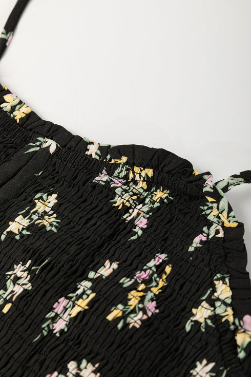 Bohemian Floral Smocked Bodice A Line Maxi Dress