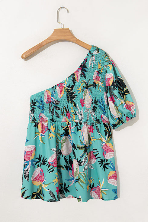 Bohemian Floral Smocked Bodice Puff Sleeve Babydoll Blouse