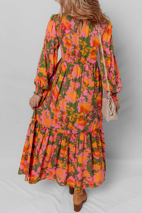 Bohemian Floral Smocked Bodice Voluminous Sleeve Tiered Maxi Dress
