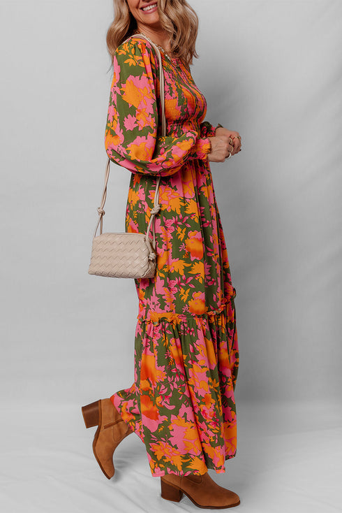 Bohemian Floral Smocked Bodice Voluminous Sleeve Tiered Maxi Dress