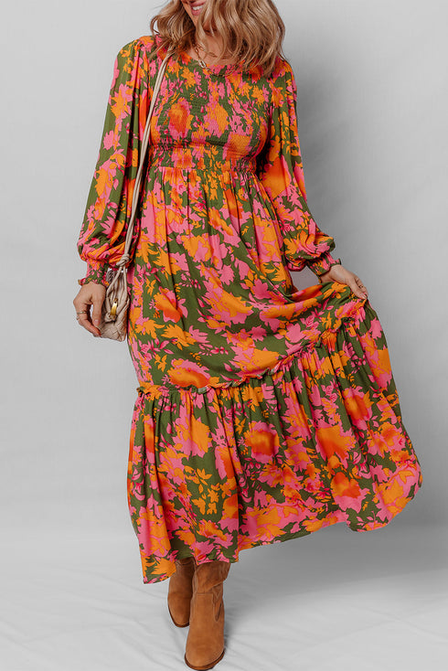 Bohemian Floral Smocked Bodice Voluminous Sleeve Tiered Maxi Dress