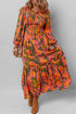 Bohemian Floral Smocked Bodice Voluminous Sleeve Tiered Maxi Dress