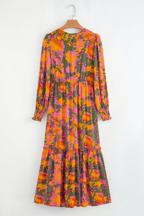 Bohemian Floral Smocked Bodice Voluminous Sleeve Tiered Maxi Dress