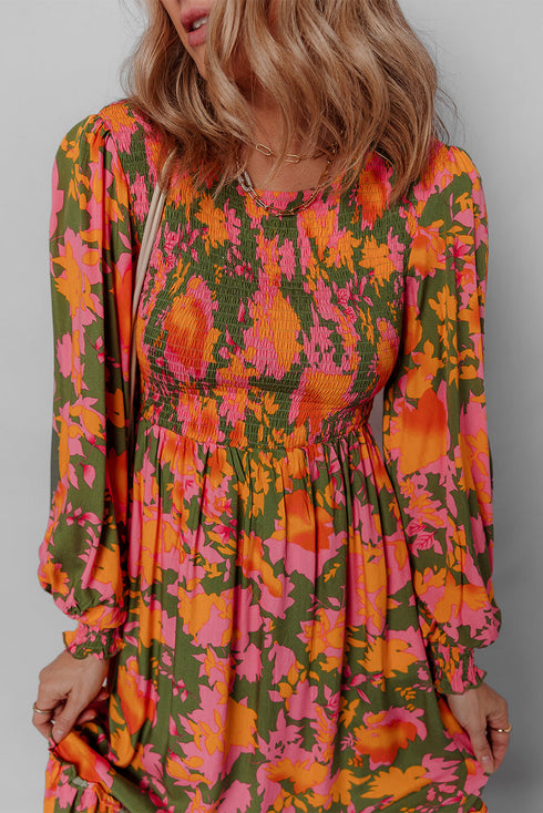 Bohemian Floral Smocked Bodice Voluminous Sleeve Tiered Maxi Dress