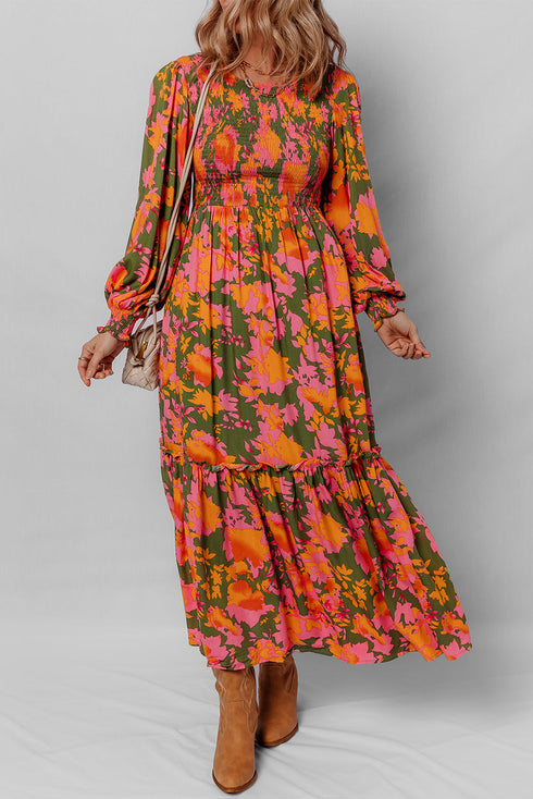 Bohemian Floral Smocked Bodice Voluminous Sleeve Tiered Maxi Dress