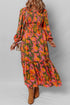 Bohemian Floral Smocked Bodice Voluminous Sleeve Tiered Maxi Dress