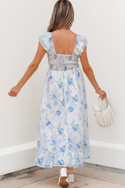 Bohemian Floral Smocked High Waist Sleeveless Ruffle Maxi Dress