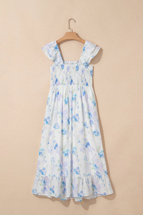 Bohemian Floral Smocked High Waist Sleeveless Ruffle Maxi Dress