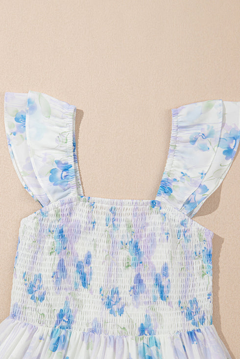 Bohemian Floral Smocked High Waist Sleeveless Ruffle Maxi Dress