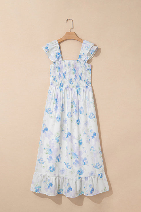 Bohemian Floral Smocked High Waist Sleeveless Ruffle Maxi Dress