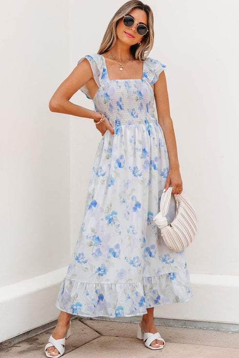 Bohemian Floral Smocked High Waist Sleeveless Ruffle Maxi Dress