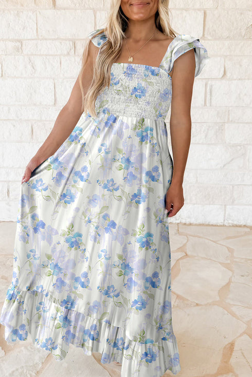 Bohemian Floral Smocked High Waist Sleeveless Ruffle Maxi Dress