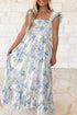 Bohemian Floral Smocked High Waist Sleeveless Ruffle Maxi Dress