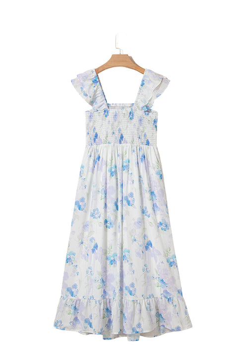 Bohemian Floral Smocked High Waist Sleeveless Ruffle Maxi Dress
