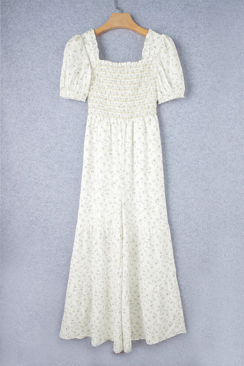 Bohemian Floral Smocked Puff Sleeve Wide Leg Jumpsuit