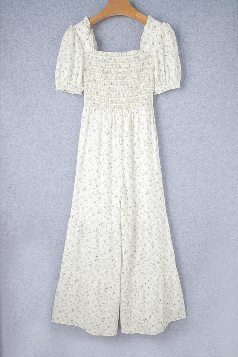 Bohemian Floral Smocked Puff Sleeve Wide Leg Jumpsuit