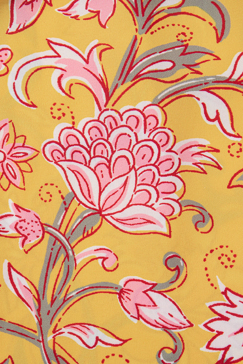 Bohemian Floral Smocked Yoke Ruffle Sleeve Notched Neck Blouse