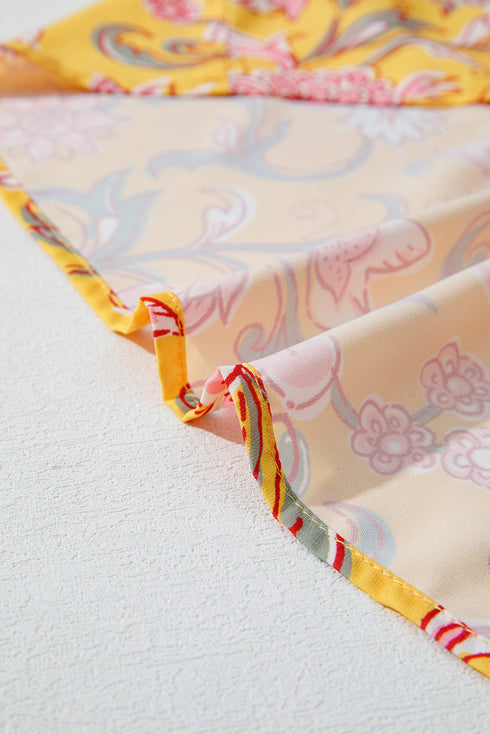 Bohemian Floral Smocked Yoke Ruffle Sleeve Notched Neck Blouse