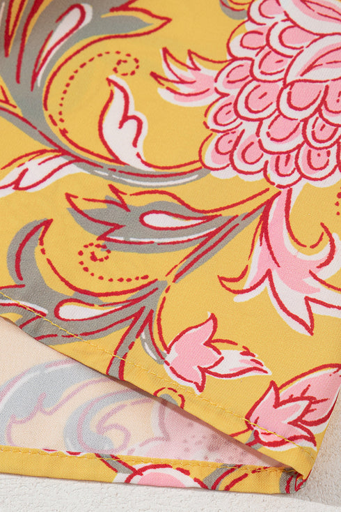 Bohemian Floral Smocked Yoke Ruffle Sleeve Notched Neck Blouse