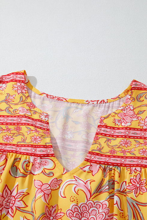 Bohemian Floral Smocked Yoke Ruffle Sleeve Notched Neck Blouse