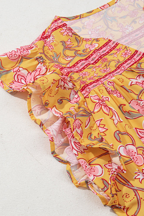 Bohemian Floral Smocked Yoke Ruffle Sleeve Notched Neck Blouse