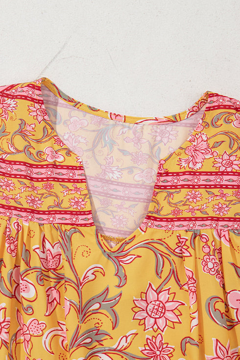 Bohemian Floral Smocked Yoke Ruffle Sleeve Notched Neck Blouse