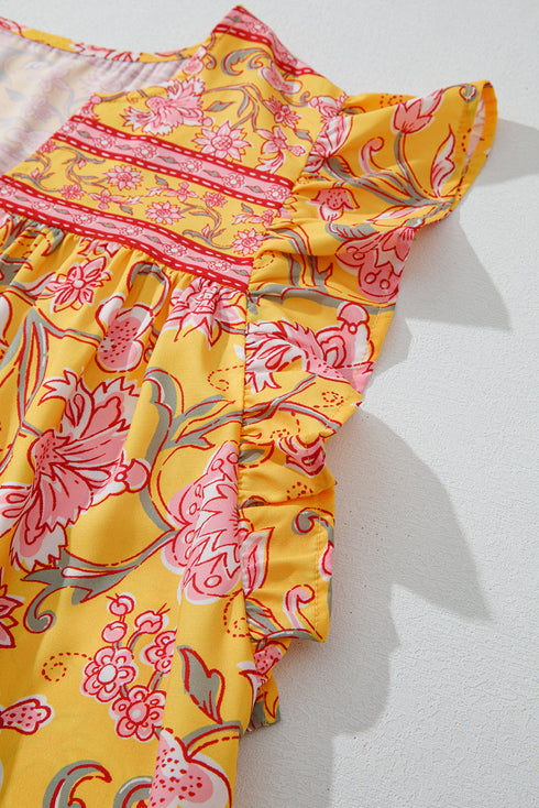 Bohemian Floral Smocked Yoke Ruffle Sleeve Notched Neck Blouse