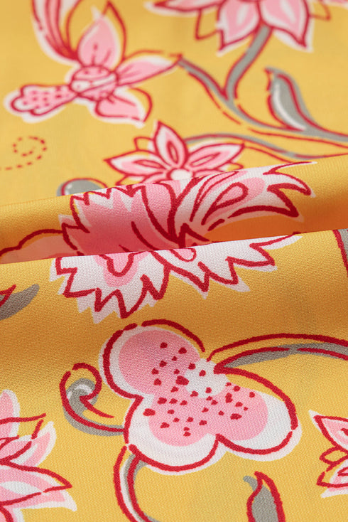 Bohemian Floral Smocked Yoke Ruffle Sleeve Notched Neck Blouse