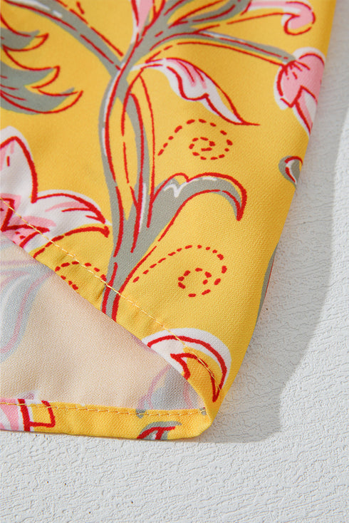 Bohemian Floral Smocked Yoke Ruffle Sleeve Notched Neck Blouse