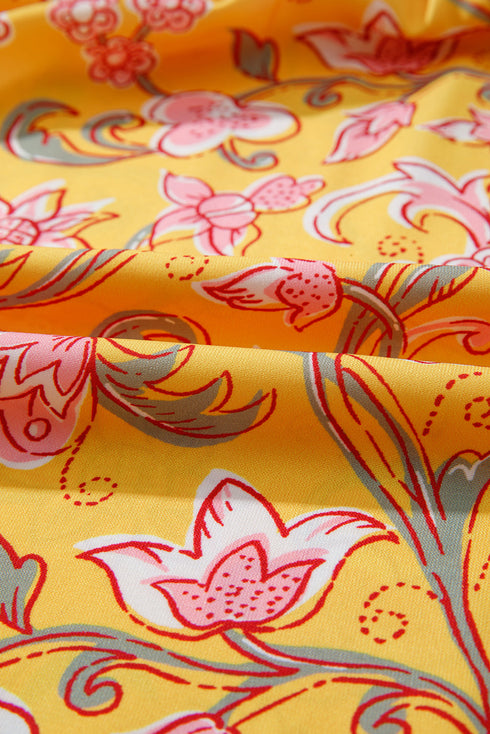 Bohemian Floral Smocked Yoke Ruffle Sleeve Notched Neck Blouse