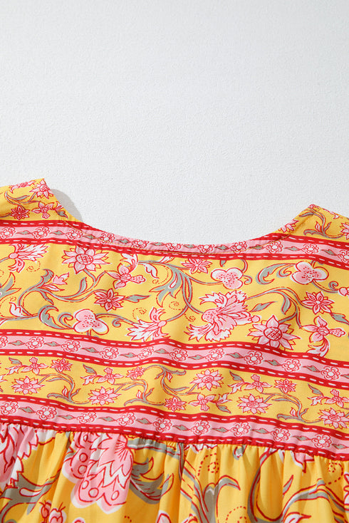 Bohemian Floral Smocked Yoke Ruffle Sleeve Notched Neck Blouse