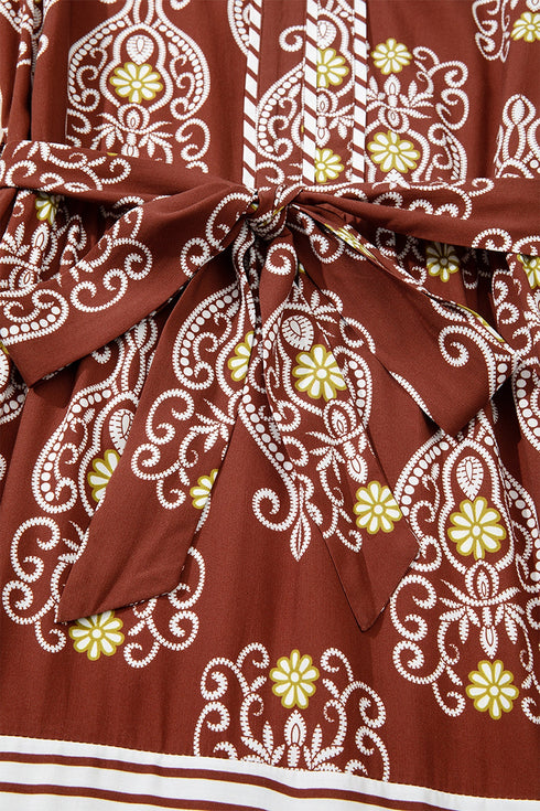 Bohemian Floral Striped Trim Belted Tiered Maxi Dress