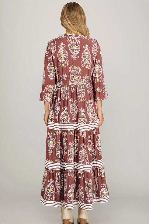 Bohemian Floral Striped Trim Belted Tiered Maxi Dress