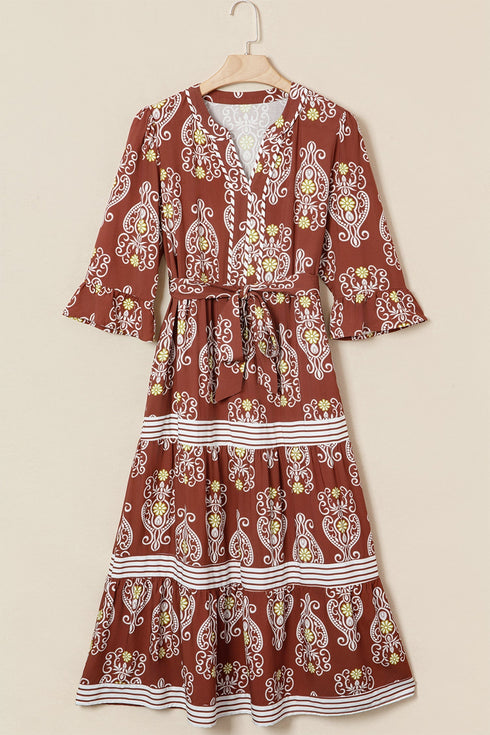 Bohemian Floral Striped Trim Belted Tiered Maxi Dress