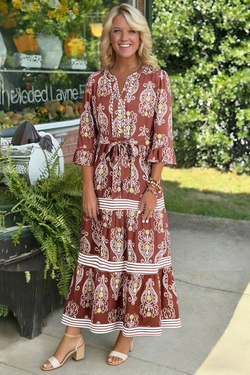 Bohemian Floral Striped Trim Belted Tiered Maxi Dress