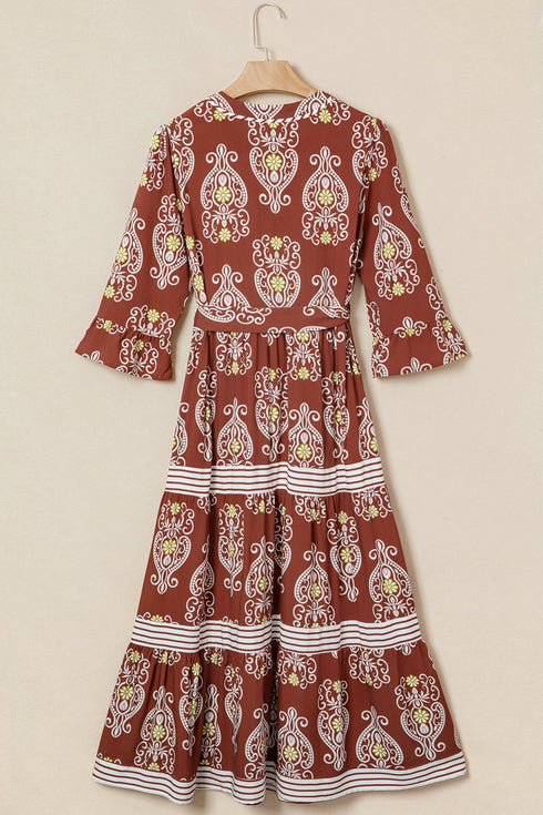 Bohemian Floral Striped Trim Belted Tiered Maxi Dress