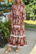 Bohemian Floral Striped Trim Belted Tiered Maxi Dress