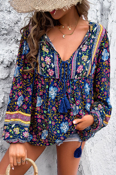 Bohemian Floral Tassel Tie Front Long Sleeve Blouse