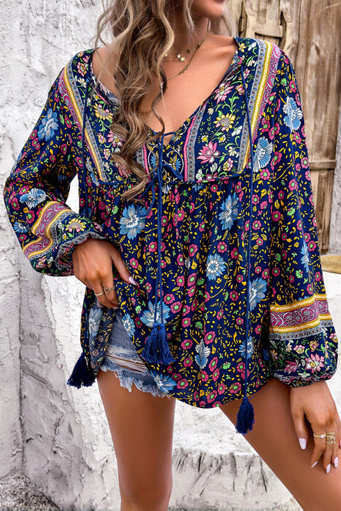 Bohemian Floral Tassel Tie Front Long Sleeve Blouse