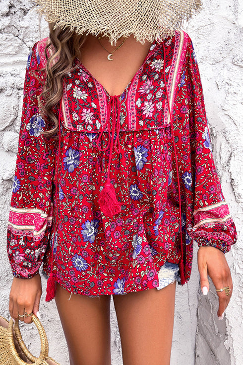 Bohemian Floral Tassel Tie Front Long Sleeve Blouse
