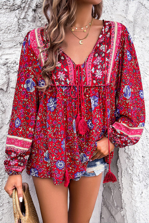 Bohemian Floral Tassel Tie Front Long Sleeve Blouse