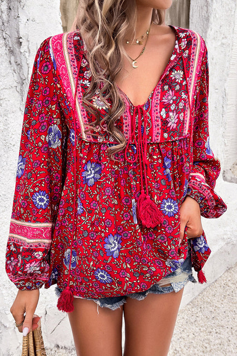 Bohemian Floral Tassel Tie Front Long Sleeve Blouse