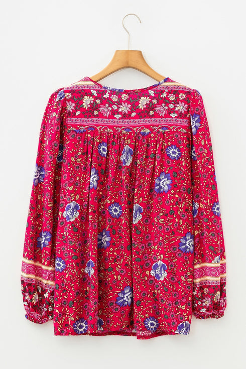 Bohemian Floral Tassel Tie Front Long Sleeve Blouse