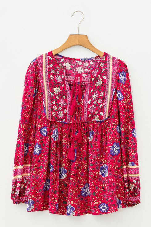 Bohemian Floral Tassel Tie Front Long Sleeve Blouse
