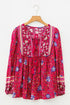 Bohemian Floral Tassel Tie Front Long Sleeve Blouse